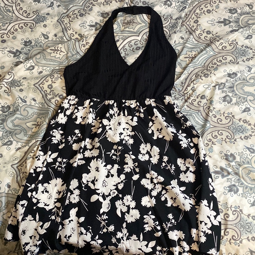 Black with flowered bottom halter dress